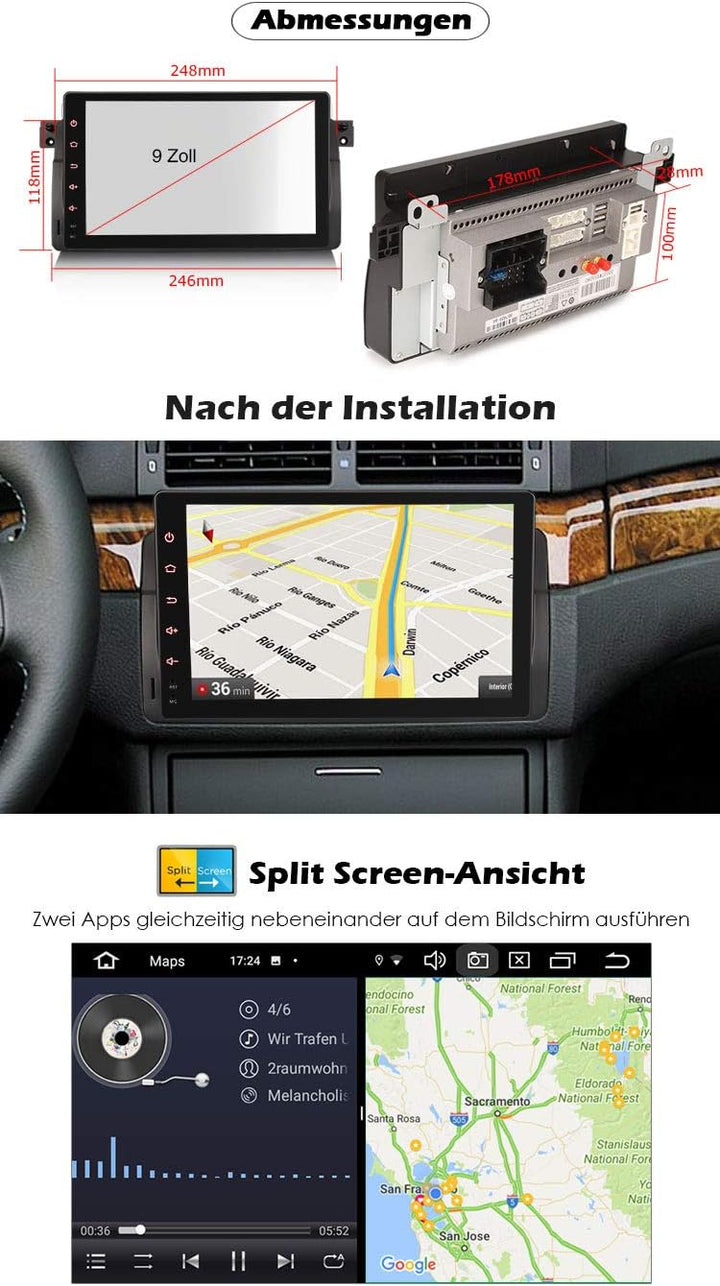 Erisin Android 11.0 8-Kern 9 Zoll Autoradio Mit GPS für BMW 3 Serie E46 M3 Rover 75 MG ZT Unterstütz