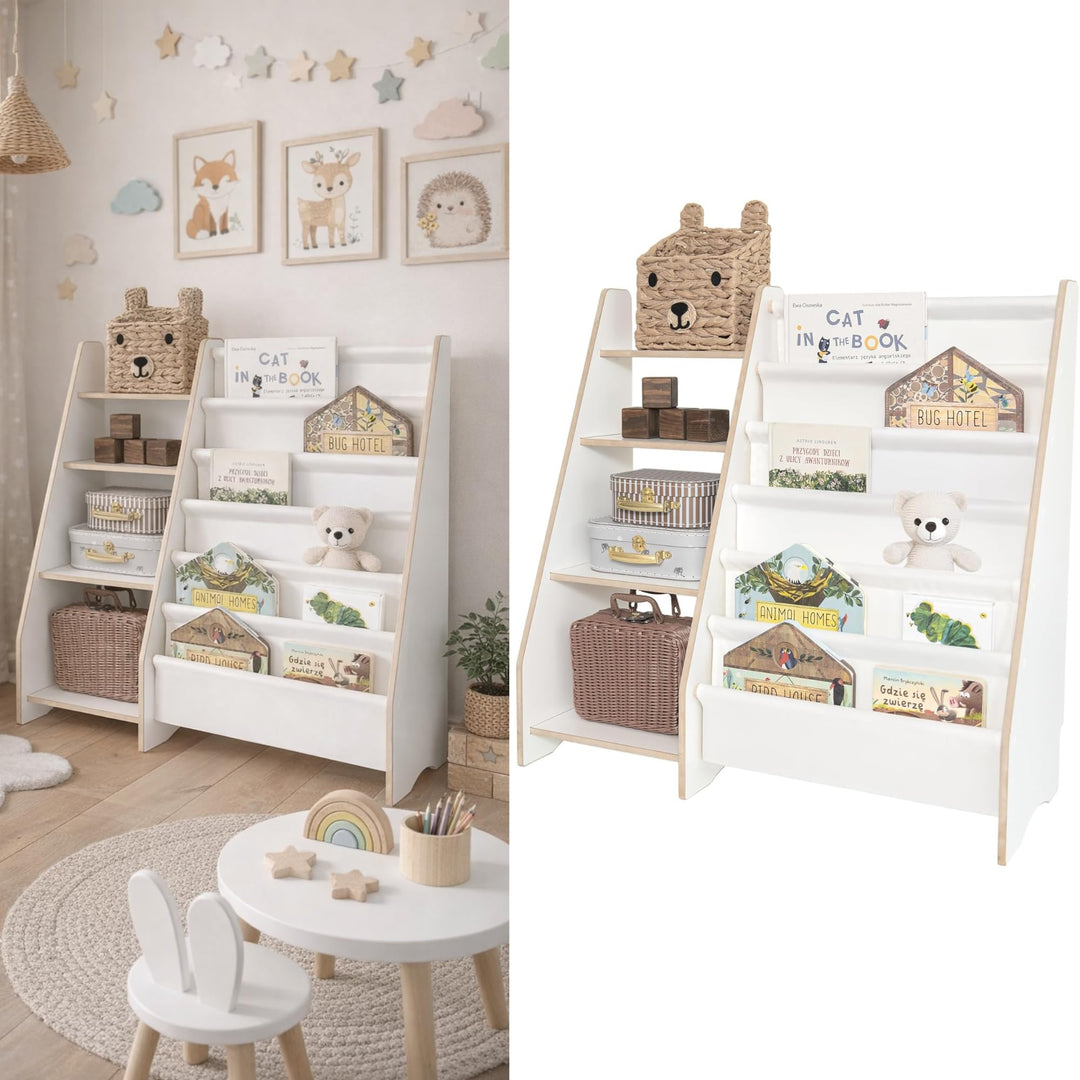 MAMOI® Bücher- und Spielzeugregal, funktionales 2-in-1-Regal, Organizer mit Ablagen und Stofftaschen