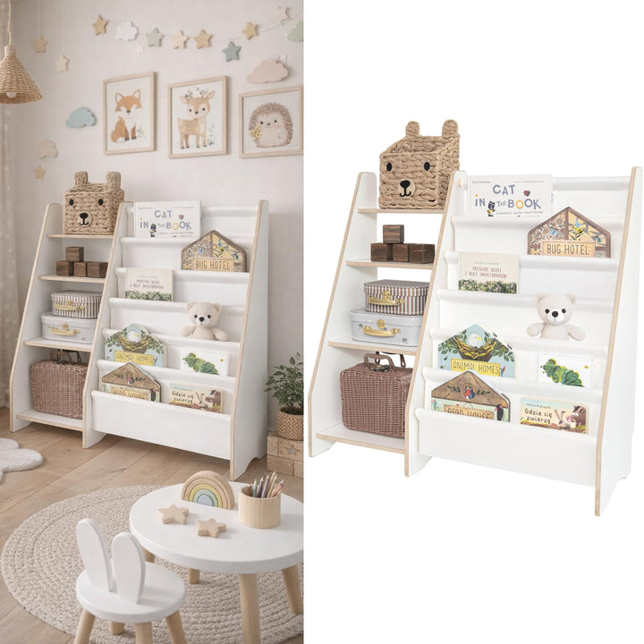 MAMOI® Bücher- und Spielzeugregal, funktionales 2-in-1-Regal, Organizer mit Ablagen und Stofftaschen