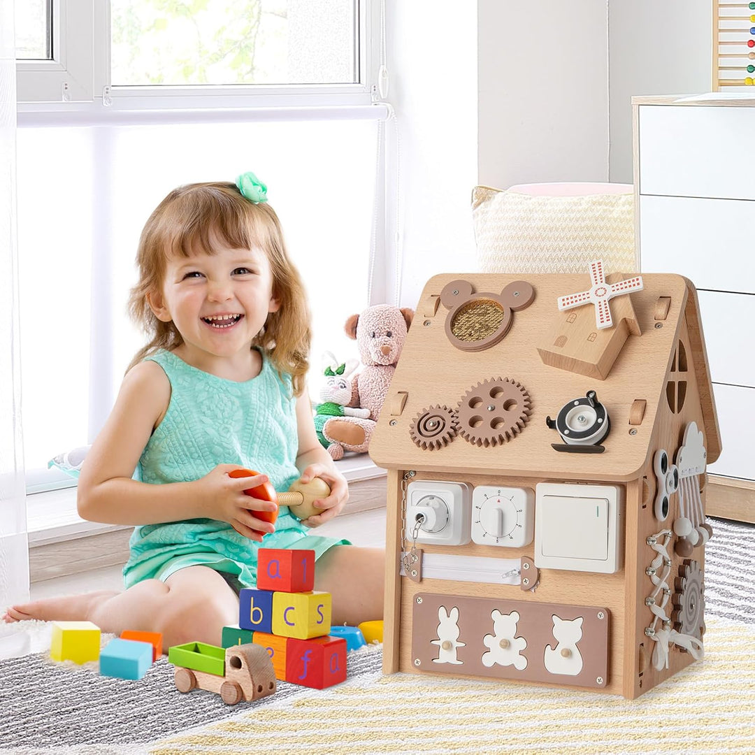 COSTWAY Kinder Spielhaus aus Holz, sensorisches Spielzeughaus mit Sinnesspielen & Stauraum im Innere