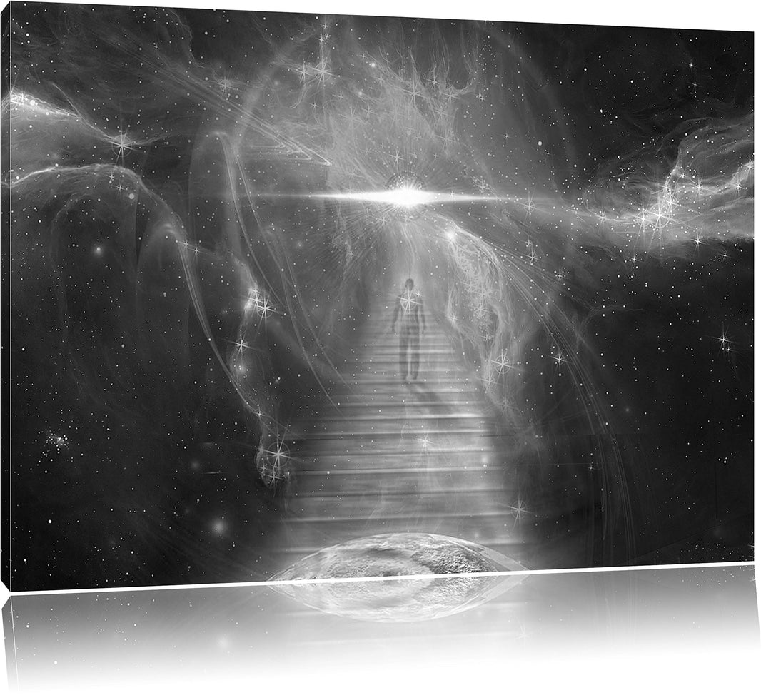 Pixxprint Treppe in die Galaxis / 100x70cm Leinwandbild bespannt auf Holzrahmen/Wandbild Kunstdruck