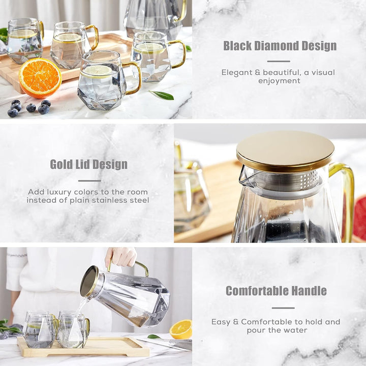 DUJUST Glaskaraffe mit Deckel 2 Liter, mit 4 Tassen, 1 Tablett, Wasserkrug im Modernen Schwarz Diama