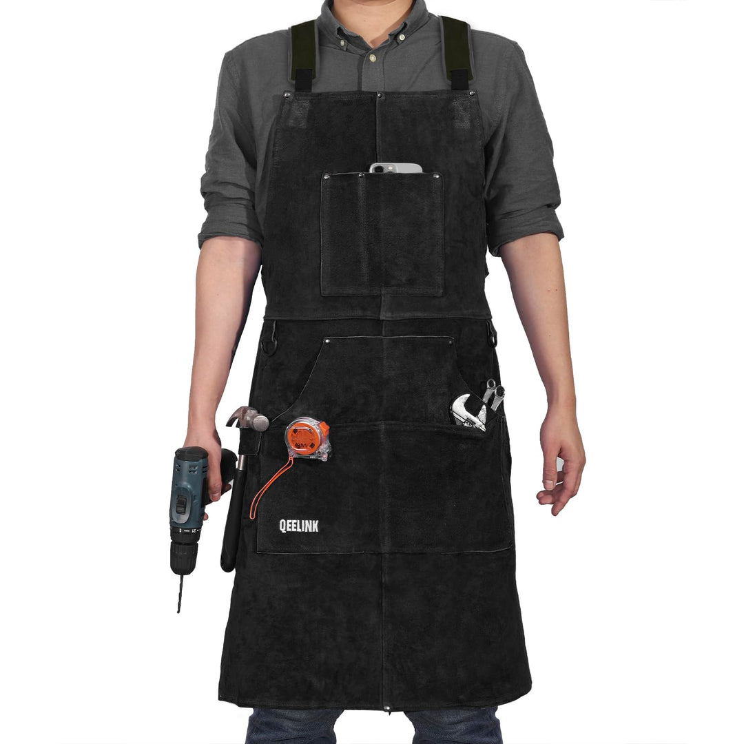 QeeLink Schweisserschürze Leder mit 6 Taschen, Lederschürze – Flammhemmende & Hitzebeständige Arbeit