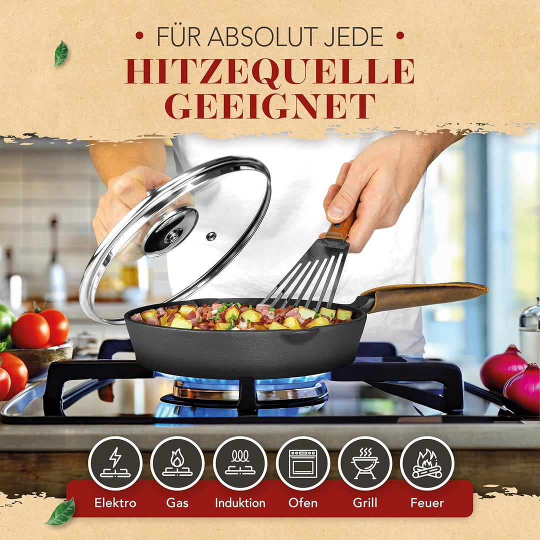 KRUSTENZAUBER Gusseisenpfanne Induktion 20cm inkl. Deckel und Pfannenwender - Geschliffene Pfanne Gu