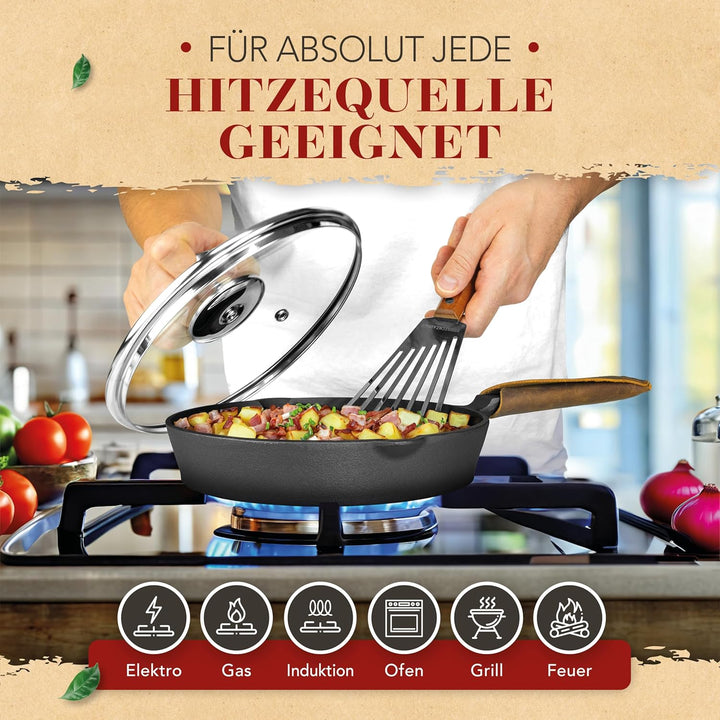 KRUSTENZAUBER Gusseisenpfanne Induktion 20cm inkl. Deckel und Pfannenwender - Geschliffene Pfanne Gu