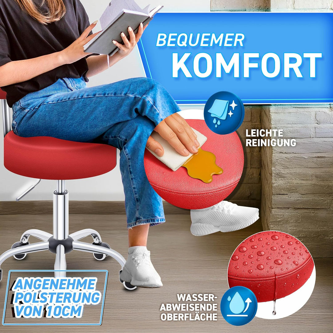 TRESKO® Rollhocker mit Lehne höhenverstellbar 10cm Dicke Polsterung Drehbar | Hocker 46-58cm | Arbei