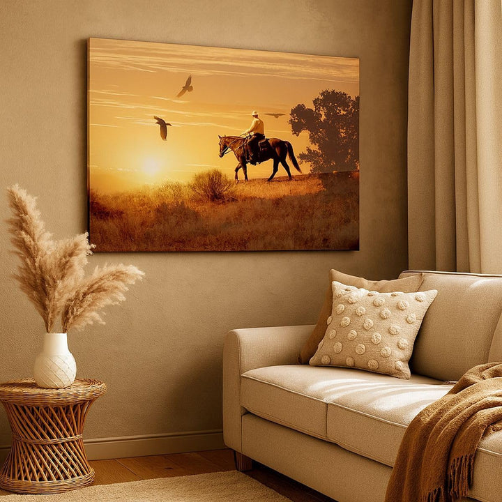 Bilder auf Leinwand 100x70cm Leinwandbild Pferd Cowboy Bauernhof Reiten Gross Wanddeko Bild Schlafzi