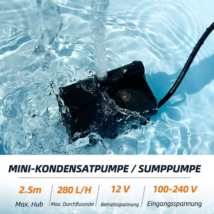 Automatische kleine Tauchpumpe mit Wassersensor, 2,5m 280L/h Mini-Kondensatpumpe, Wasserablauf für E