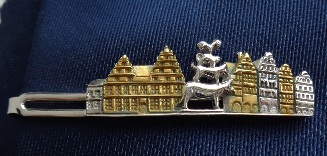 Krawattennadel skyline Bremen mit Bremer Stadtmusikanten bicolor glänzend 6,8 cm lang m.i. Germany +