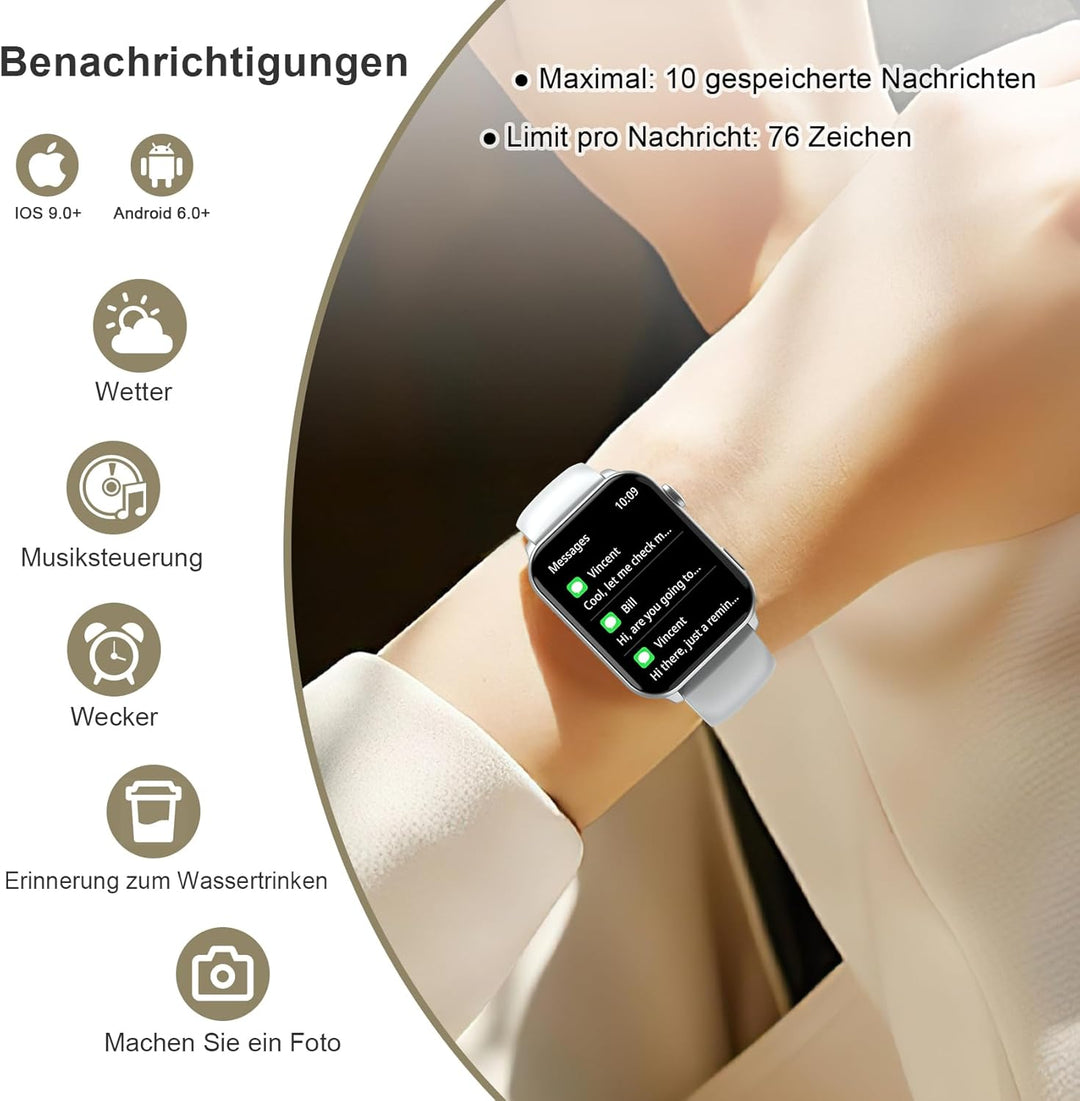 IOWODO Smartwatch Damen Herren 1,85 Zoll Uhren Fitnessuhr Sportuhr mit Schrittzähler Herzfrequenzmon