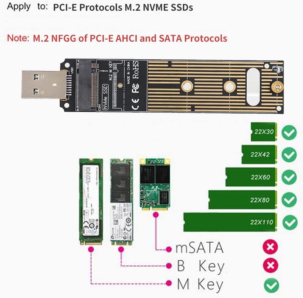 Tangxi M.2 NVMe auf USB Adapter, 10 Gbit/s M.2 SSD auf USB 3.1 M.2 Adapter, M.2 NVME basiert M Key M