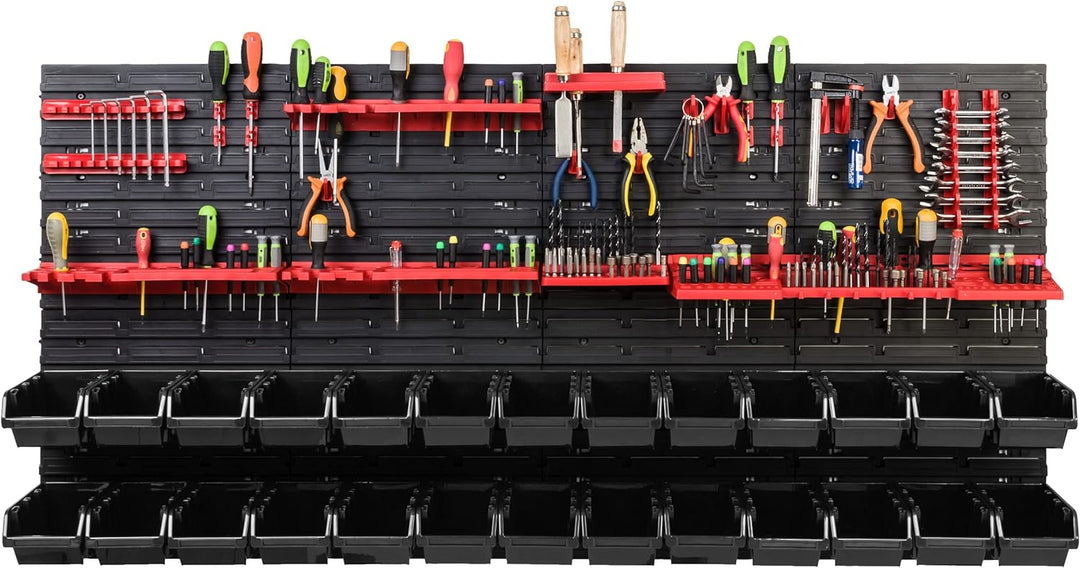Lagersystem Werkstattregal | 156 x 78 cm | 26 stck. Box | Wandregal mit Werkzeughalterungen und Stap