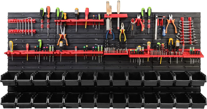 Lagersystem Werkstattregal | 156 x 78 cm | 26 stck. Box | Wandregal mit Werkzeughalterungen und Stap