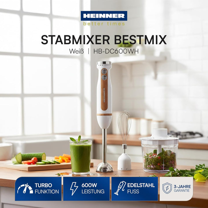 HB-DC600WH 6-in-1 Elektrischer Stabmixer, 600W Pürierstab mit Zerkleinerer, 700ml Mixbecher & 500ml