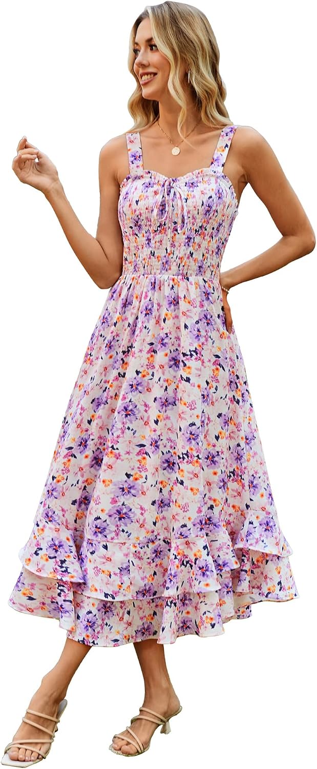 GRACE KARIN Damen langes Blumenkleid Ärmellos Spaghettiträger Freizeitkleid Böhmisch Maxikleid Stran