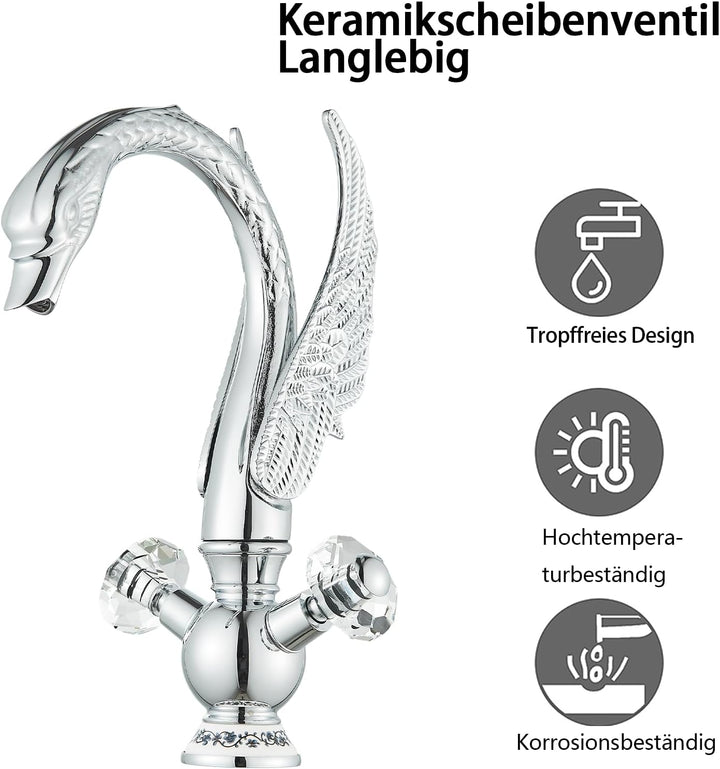 Wasserhahn Bad Waschtischarmatur Schwanenform Kristallgriffe Hoch Waschtischarmatur 360° Schwenkbar