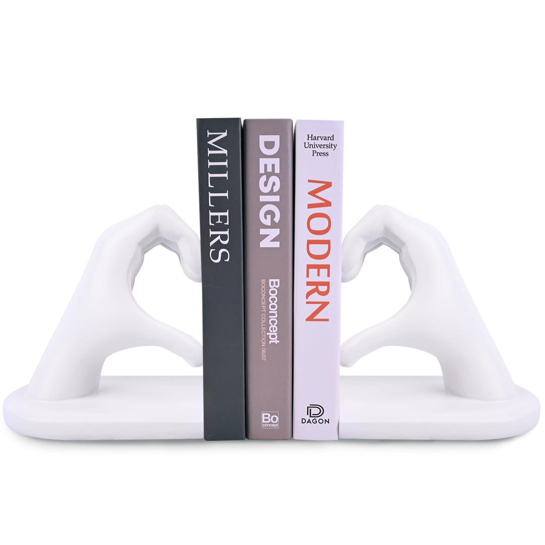 Weisse Buchstützen Set aus Resin - Herz & Hände Skulptur als Buchstütze, dekorative Bookends für Büc