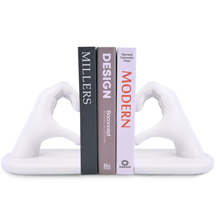 Weisse Buchstützen Set aus Resin - Herz & Hände Skulptur als Buchstütze, dekorative Bookends für Büc