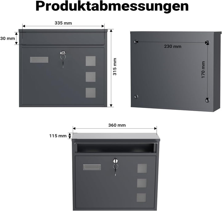 Wiltec Briefkasten V12 Anthrazit 360 x 115 x 320 mm, Wandbriefkasten mit Schloss, Sichtfenstern und
