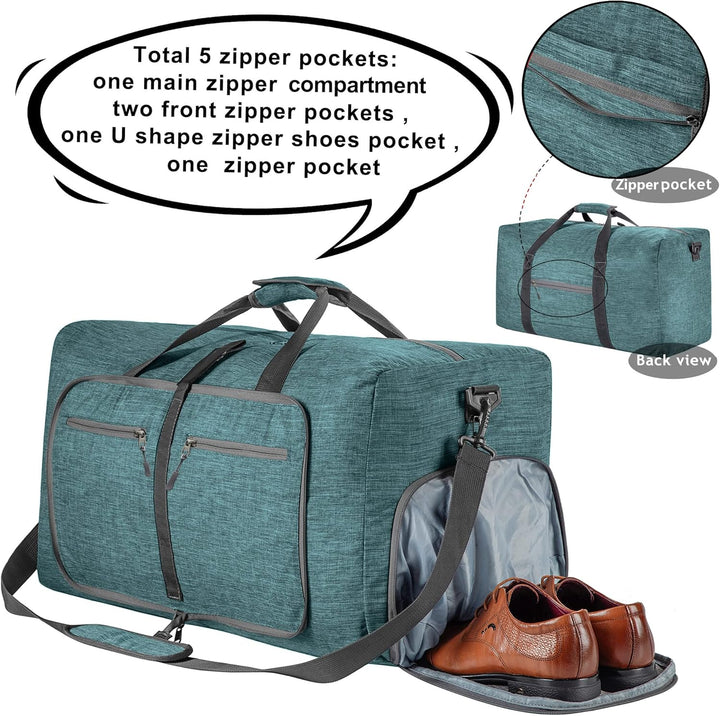 Vomgomfom Leichte Faltbare Reisetasche Gross 65L Sporttasche Damen Herren mit Schuhfach, Travel Duff