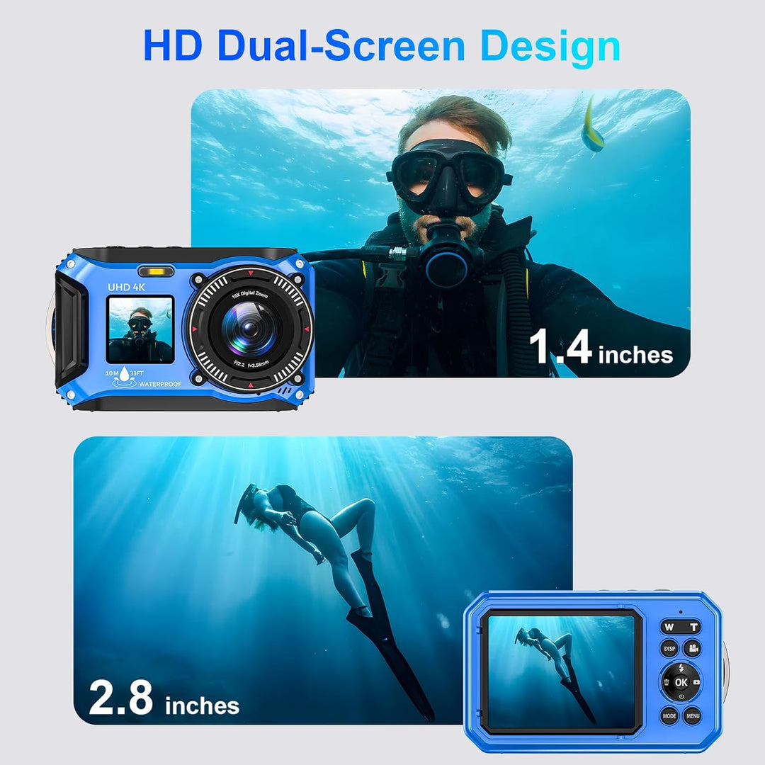 Digitalkamera, Yixinxin 4K 64MP 33FT UHD Unterwasserkamera zum Schnorcheln mit 32GB Karte Dual-Scree
