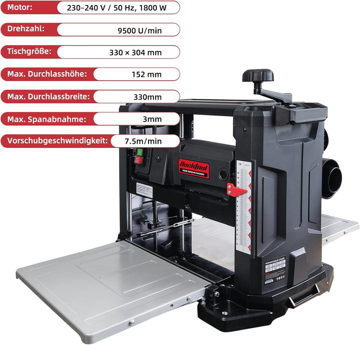 Bucktool Dickenhobelmaschine 330 mm, 1800 W, 9500 U/min, Durchlasshöhe/-breite 152/330 mm, max. 3 mm