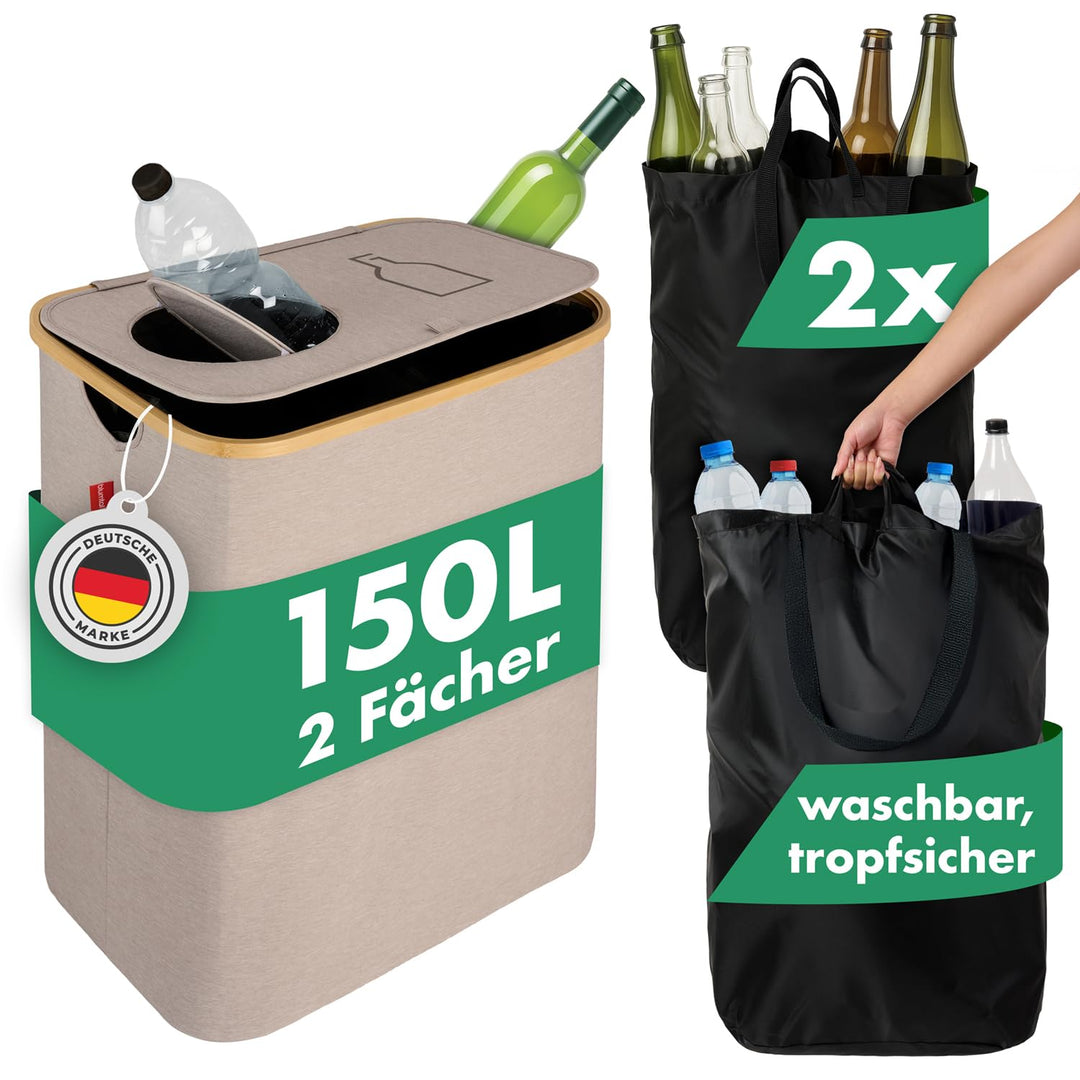 Blumtal Pflandflaschen Sammelbehälter 150L mit 2 Fächern - Bambus Pfandflaschen Organizer mit Flasch