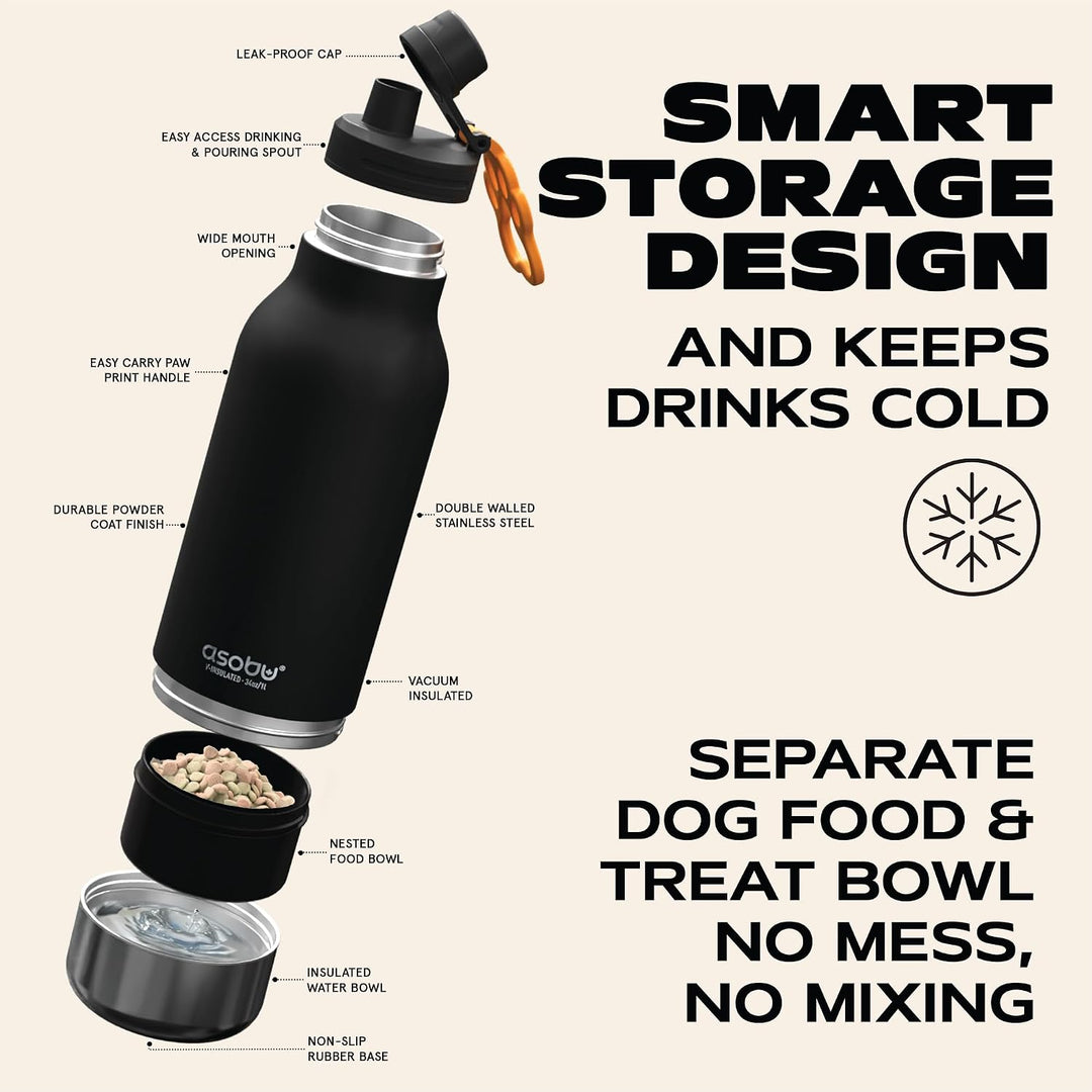 ASOBU - Dog Bowl Buddy - Edelstahlflasche mit 2 Näpfen Schwarz Schwarz., Schwarz.