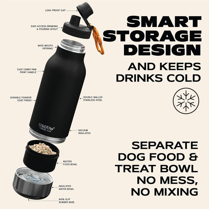 ASOBU - Dog Bowl Buddy - Edelstahlflasche mit 2 Näpfen Schwarz Schwarz., Schwarz.
