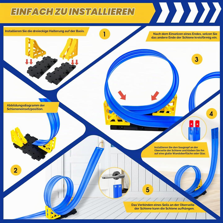HERMORRYSS Rennbahn für Kinder, 5 Meter Autorennbahn Rennstrecke mit 6 Fahrzeuge und Rampe, Geschwin