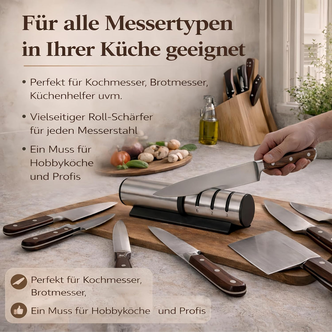 Messerschärfer Rollschleifer Set, Diamant Messerschärfer Profi 3 Stufen, Messerschleifer mit 2 Diama
