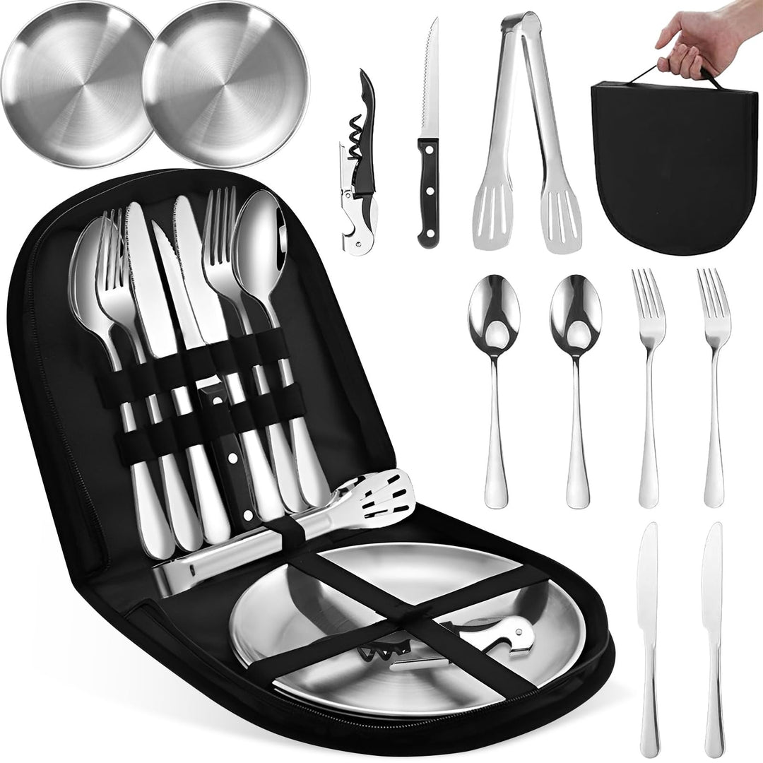 11 Teilig Camping Geschirr Set für 2 Personen, Edelstahl Picknick Campingbesteck, Besteckset mit Mes