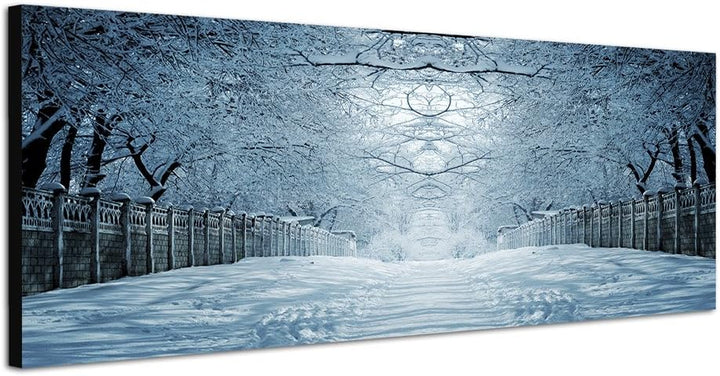 Paul Sinus Art Panoramabild auf Leinwand und Keilrahmen 150x50cm Winterlandschaft Bäume Weg Baumtunn