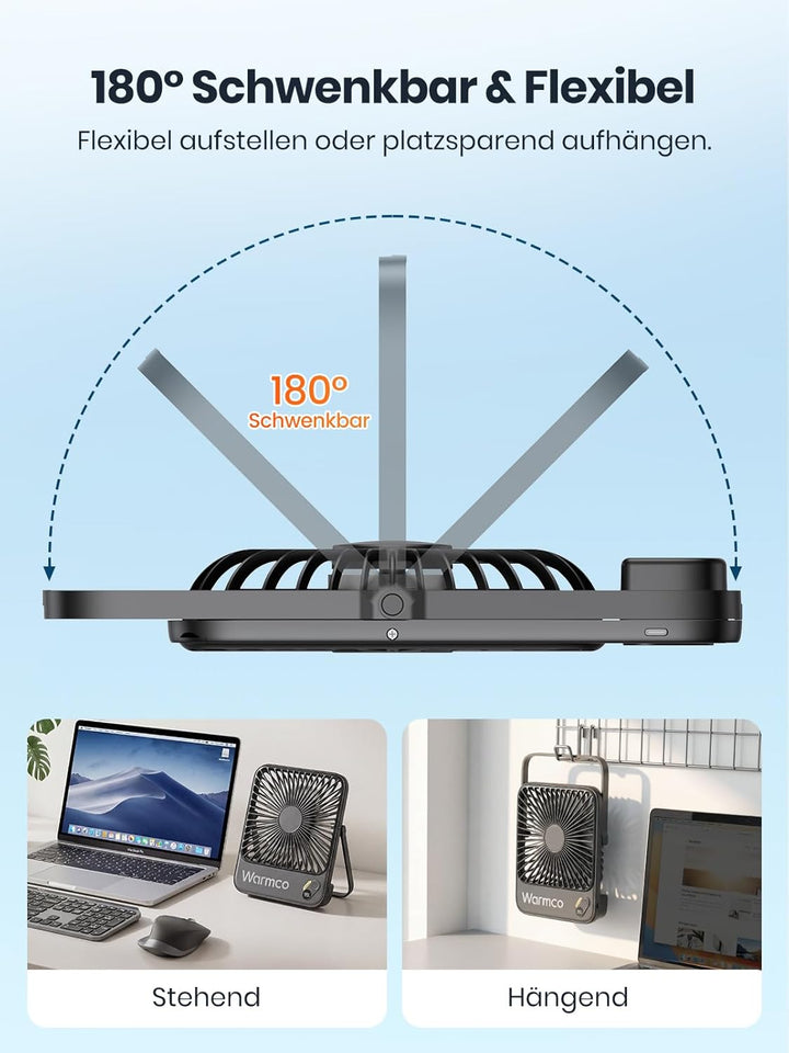 Warmco 10000mAh Tragbarer Akku Ventilator, 21cm Personal Tischventilatoren, Ultra-Leise Ultraflach m