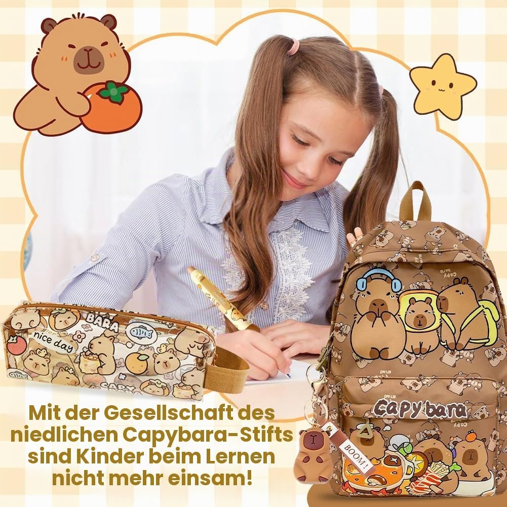 Capybara Rucksack Set, Schulrucksack Grosse Kapazität mit Capybara Federmäppchen, Stiften & Schlüsse