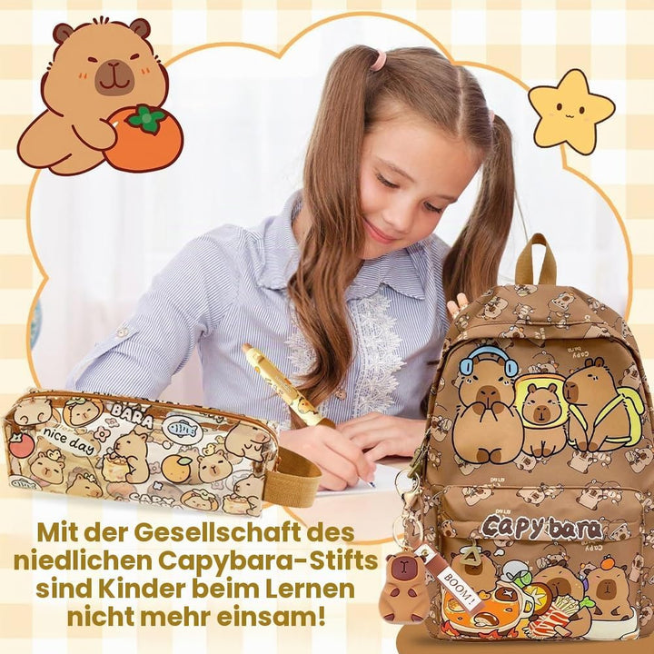 Capybara Rucksack Set, Schulrucksack Grosse Kapazität mit Capybara Federmäppchen, Stiften & Schlüsse