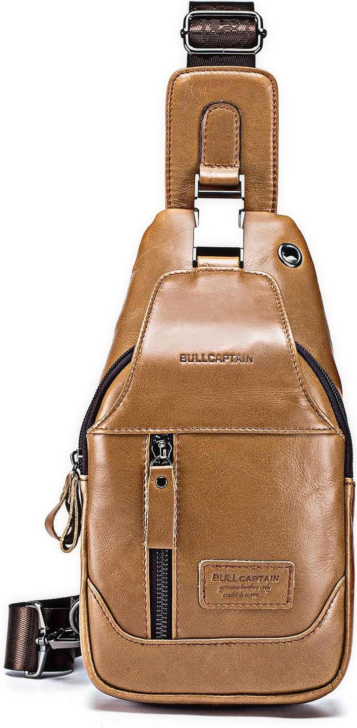 LOONGYOON Herrenbrusttasche aus Leder Umhängetasche mit Kopfhöreröffnung Studie über Sportreisen Mul