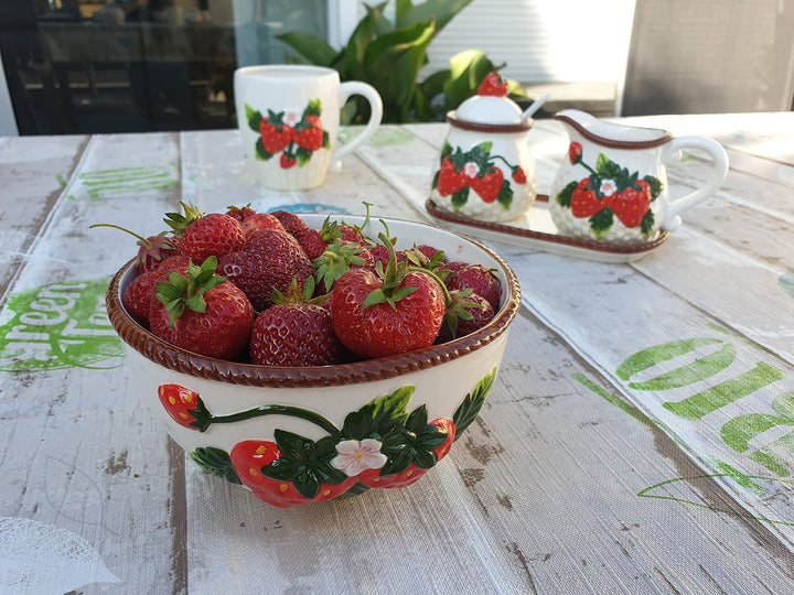 Dekohelden24 Dolomite Zuckerdose mit Löffel, Milchkännchen und Platte als 3er Set, mit Erdbeere-Reli