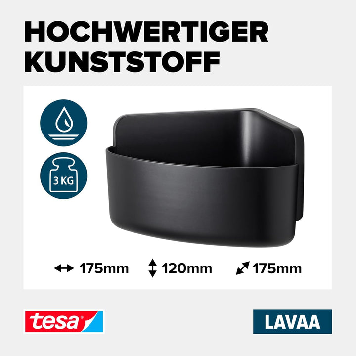 tesa Lavaa Eck-Duschkorb S, schwarz matt - Duschablage zur Wandmontage ohne Bohren, inkl. tesa Power