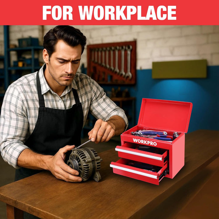 WORKPRO Metall Schubladenbox mit 2 Schubladen & Oberer Stauraum Rot, 27,5x15x20,8cm Tisch Organizer