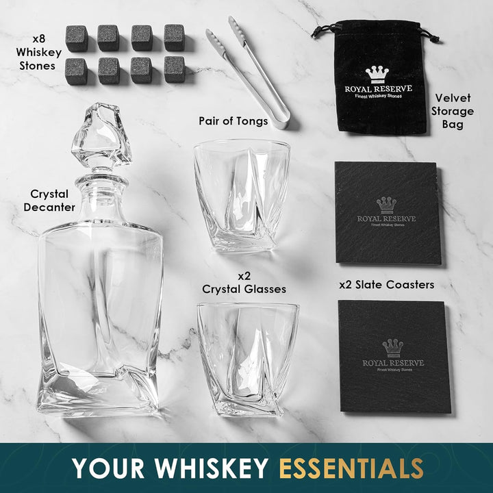 Whisky Geschenkset – Whiskey Gläser, Karaffe, Steine, Eiszange, Untersetzer, Holzkiste, Samtbeutel,
