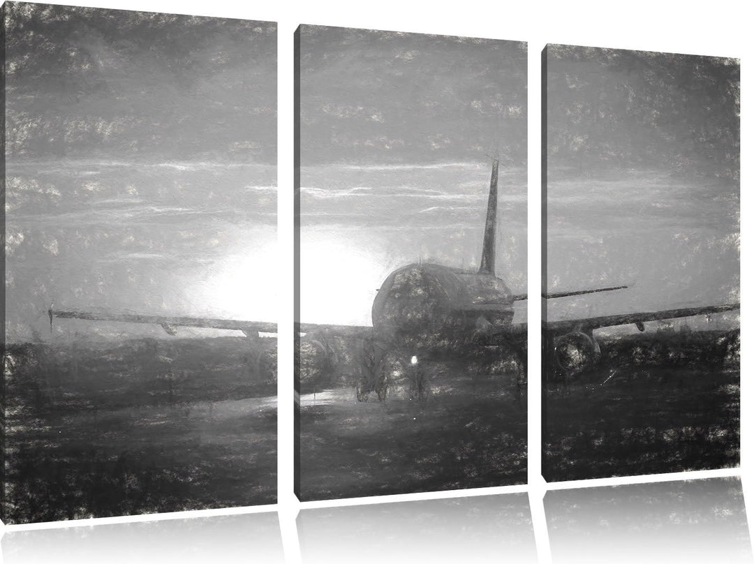Pixxprint Flugzeug im Sonnenuntergang 3Teiler 120x80 cm Leinwandbild Wandbild Kunstdruck