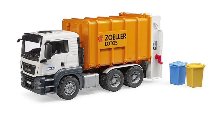 bruder 03762 - Man TGS Hecklader Müll-LKW & 2 Mülltonnen - 1:16 Abfalltonnen Müllabfuhr Müllauto Mül
