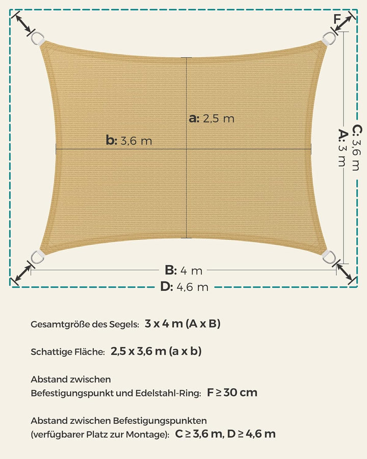 SONGMICS Sonnensegel 3 x 4 m, Sonnenschutz aus HDPE-Gewebe, luftdurchlässig, wasserdurchlässig, für