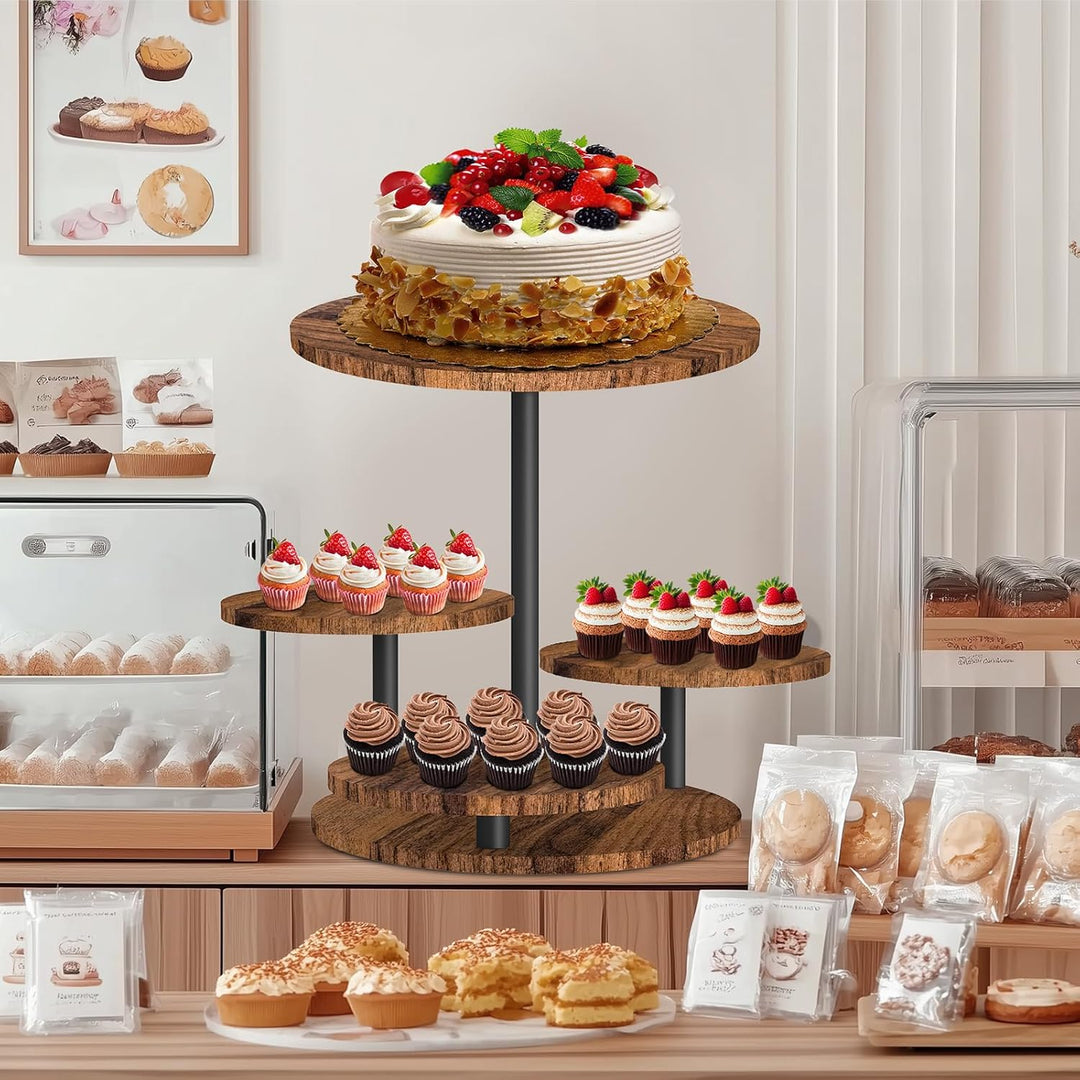 4 Etagen Kuchen und Cupcake Ständer aus Holz, 360° Drehbar Etagere für Desserts, Donuts, Kekse, Maca