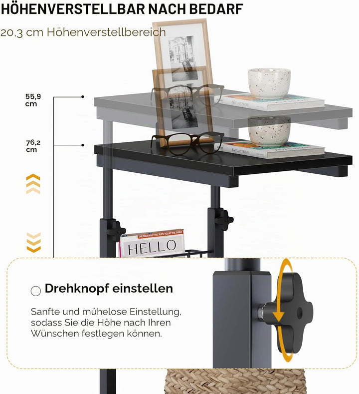 SogesHome Laptoptisch Beistelltisch Höhenverstellbarer Tisch mit Rollen, 48 cm x 30 cm PC Tisch Note