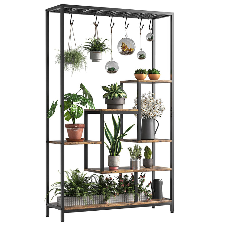 Indoor Pflanzenständer, 5 Etage 180 cm, Grosses Metall Pflanzenregal mit Haken zum Aufhängen, Multif