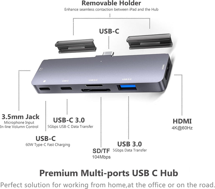 iPad Pro USB C Hub Adapter für iPad Pro 12.9 11 M1 M2,7in1 hub mit 4K HDMI,USB3.0,3.5mm Audio,SD/TF