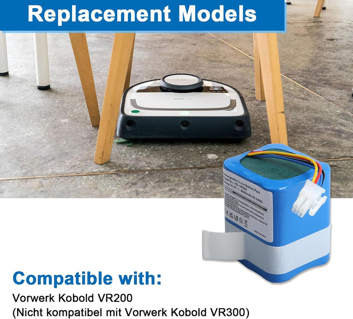 14.4V 6600mAh Li-Ion Akku Kompatibel mit Vorwerk Kobold VR200 Staubsauger, Ersatzakku Teilenummer: 2