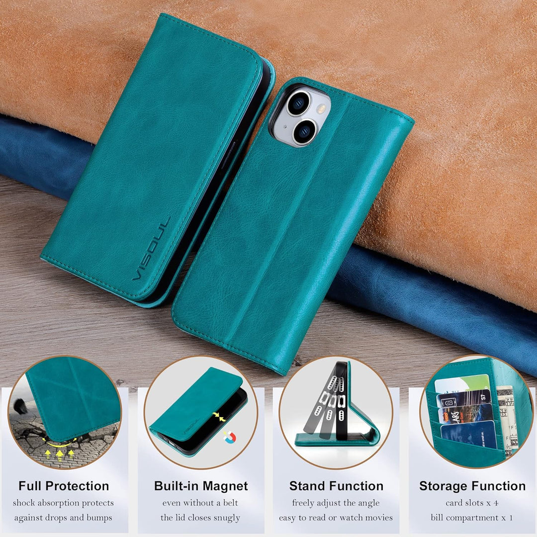 VISOUL iPhone 14 Plus Hülle, Stossfeste Handyhülle [Erstklassiges Rindsleder], TPU Schutzhülle [Kart